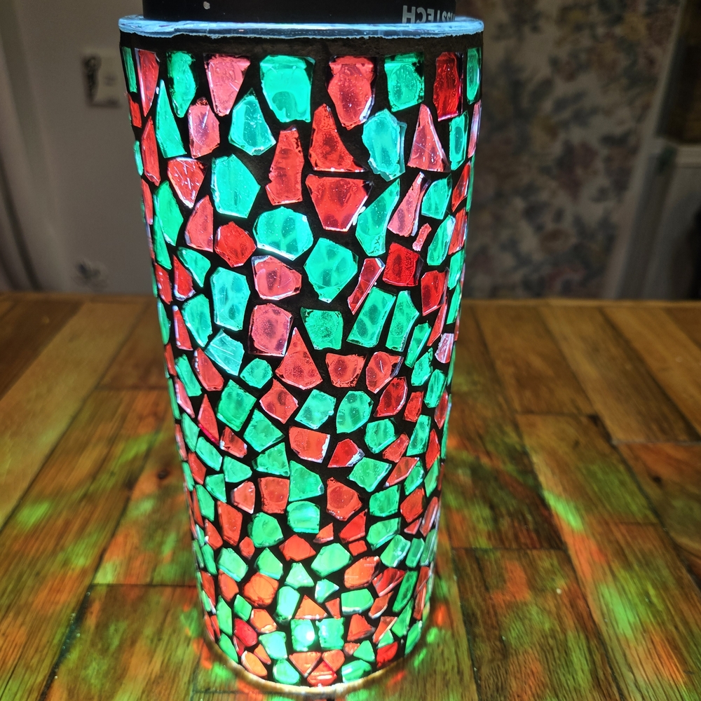 Vintage GLASS Red/Green ART GLASS VASE/ Candle Holder 10" Stained Glass Art deco
